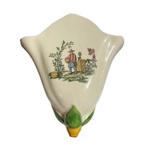 VTG Large Japanese Scene Porcelain Flower Wall Pocket Vase 7.25" X 9"